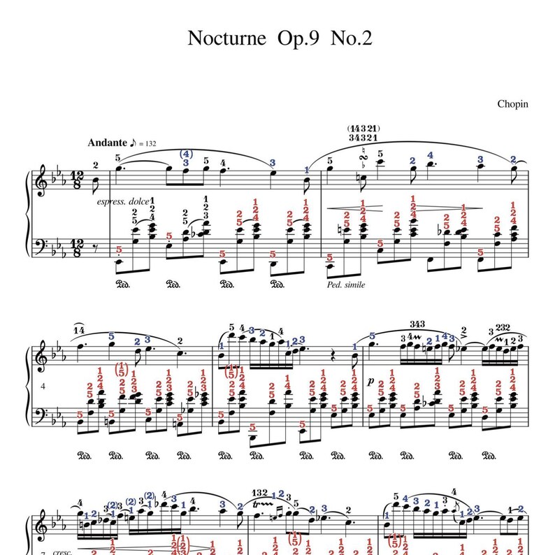 Puede incluir: Partitura musical para piano titulada "Nocturne Op.9 No.2" de Chopin. La m&uacute;sica est&aacute; escrita en notaci&oacute;n est&aacute;ndar con una clave de sol y una clave de fa. La pieza est&aacute; en fa mayor y tiene un tempo de 132 pulsaciones por minuto. La m&uacute;sica incluye una variedad de marcas musicales, como din&aacute;mica, articulaciones y cambios de tempo.