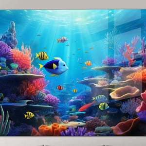 Arte de pared de vidrio templado con peces bajo el mar, arte de pared de vidrio templado bajo el mar, decoración de pared de acuario, impresión de vidrio, decoración de pared extragrande