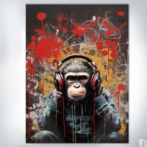Tempered Glass Wall Art, Banksy Thinking Monkey, Banksy Monkey Glass Art, Monkey with Headphones Themed Graffiti Wall Decor,Music Art Poster