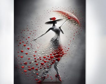 Elegant Woman Glass Wall Decor, Modern Fashion Art Panel with Red Hearts, Tempered Glass Wall Art for Living Room