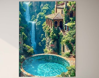 Arte mural de lago, decoración de pared con cascada, vidrio templado paisajístico, decoración de vidrio con cascada paradisíaca, arte natural en vidrio, arte mural de vidrio templado