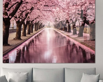 Cuadro decorativo de cerezos en flor, arte mural japonés, láminas decorativas impresas en vidrio templado, colores vivos de alta calidad.