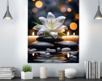 Cuadro decorativo de cristal templado Zen Lily con velas / Elegante decoración para spa / Impresión floral moderna en cristal / Decoración relajante para el hogar