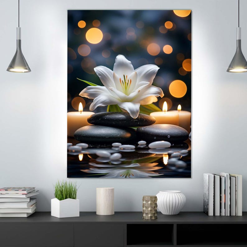 Zen Lily Tempered Glass Wall Art With Candles | Elegant Spa Decor ...