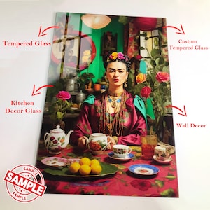 May include: A colorful glass wall decor featuring a painting of Frida Kahlo, a famous Mexican artist, sitting at a table with a teapot and teacups. The painting is surrounded by flowers and lemons. The glass is tempered and can be used as a kitchen decor piece.