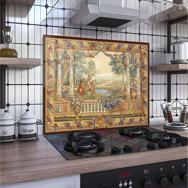 Renaissance Patterned Glass, Kitchen Backsplash Decor, Louis XIV at Versailles Decor, Kitchen Sink Splash Guard, Tempered Glass Kitchen