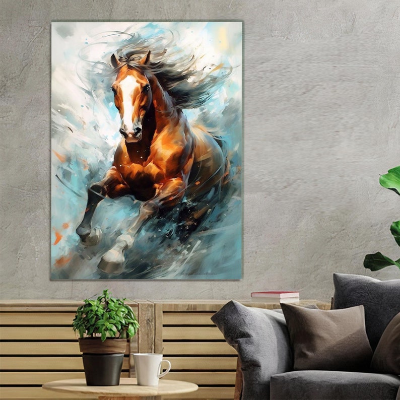 May include: A painting of a brown horse with a white blaze running through a blue and white abstract background.