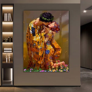 May include: A painting of a couple embracing, with the man wearing a yellow and black patterned robe and the woman wearing a yellow and black patterned dress. The painting is set against a yellow background with flowers at the bottom.