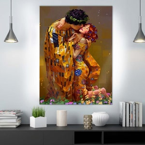May include: A painting of a couple embracing in a yellow and brown patterned style. The man is wearing a crown of leaves and the woman has a flower in her hair. The background is a muted brown.