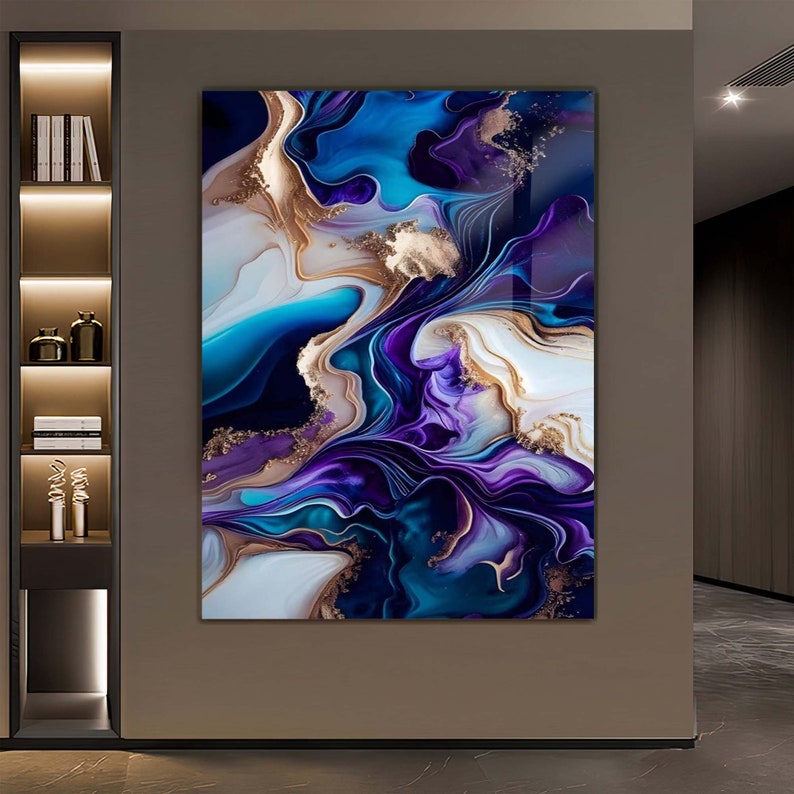 Tempered Glass, Glass Art Wall Decor, Blue and Navy Marble Wall Art, Large Glass Wall Art, Marble Glass Decor, Tempered Glass Wall Art