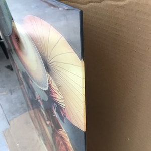 May include: A close-up of a colourful painting featuring two women wearing traditional Japanese clothing and holding parasols. The painting is framed and has a glossy finish.