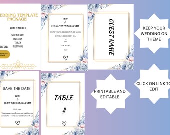 Blue Floral  Wedding Package with  Gold Frame - Editable Templates"