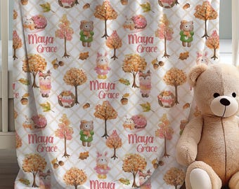 Personalized Fall Woodland Animals Blanket, Forest Baby Girl Shower Gift,  Autumn Leaves Nursery Decor, Custom Kid's Bedding, Holiday Throw