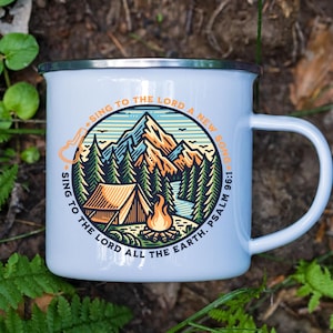 Psalm 96 Personalized Camping Mug, Musician Gift, Sing to the Lord Steel Travel Cup, Custom Coffee 12oz, Forest Campfire for Nature Lover
