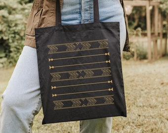 Tribal Pattern Reusable Bag, Boho 100% Cotton Canvas Tote Bag, Black Moroccan Minimalist Gift for Friend, Chevron Line Art Classic Canvas