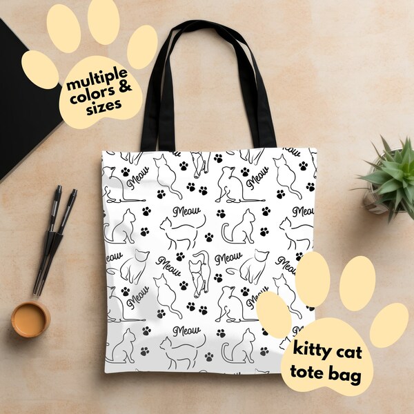 Kitty Cat Printed Canvas Tote Bag, All Over Print Shoulder Bag, Cat Lovers Gift, Strong Bag for Shopping, Books, Work, Gym, Beach and Meow
