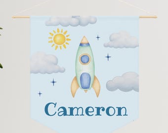 Personalized Boy's Transportation Nursery Wall Decor, Custom Name Baby Pennant Banner, Kid's Train Room Decor, Rocket Playroom Hanging Art