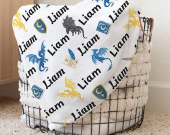 Black Dragon Blanket, Personalized Mythical Baby Shower Gift, Boy's Fantasy Nursery Decor, Blue Medieval Throw, Custom Name Toddler Bedding