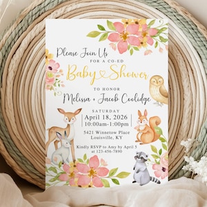 Cartes d'invitation baby shower animaux de la forêt, shower de fille dans la forêt, invitations assez florales, invitations fleurs sauvages avec enveloppes