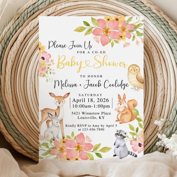 Woodland Animals Baby Shower Invitation Cards, Girl's Forest Shower, Pretty Floral Printed Invites, Wildflowers Invitations with Envelopes