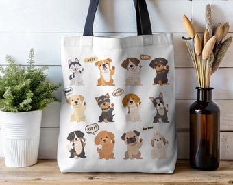 Kawaii Dog Lover Gift, Dogs Waving Hello Tote, Puppies Reusable Bag, Supplies & Accessories Travel Bag for Dog Parent, Funny Pups All Breeds
