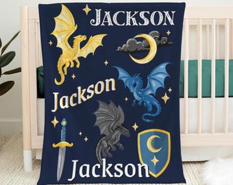 Personalized Dragon Blanket, Boy's Fantasy Black Dragons Gift, Medieval Nursery Decor, Mythical Creature Baby Shower, Custom Toddler Bedding