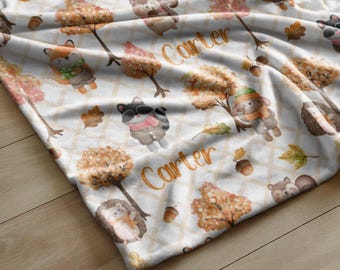 Personalized Fall Woodland Animals Blanket, Forest Baby Boy Shower Gift,  Autumn Leaves Nursery Decor, Custom Kid's Bedding, Holiday Throw