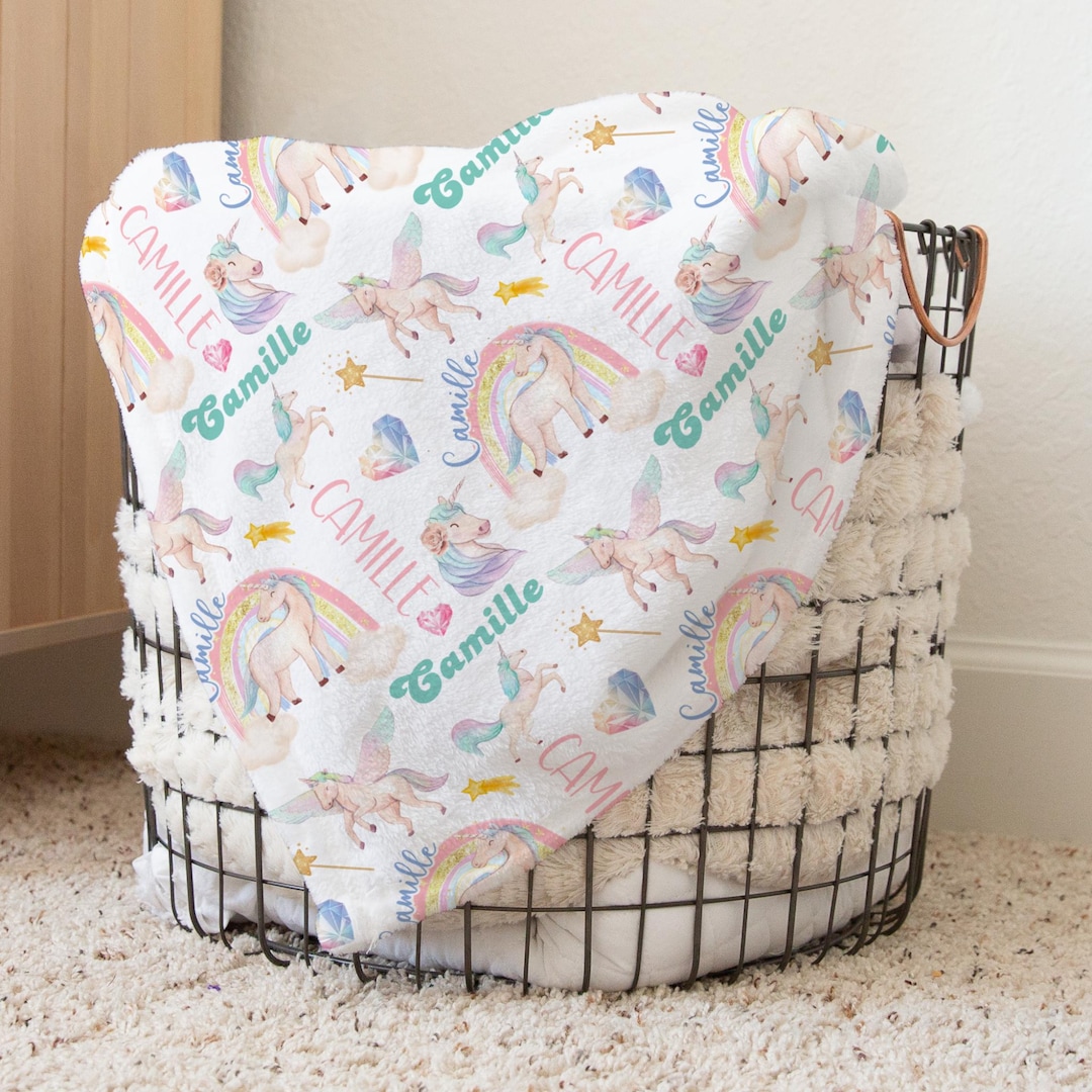 Personalized Rainbow Unicorn Blanket, Girl's Baby Shower Gift, Pastel