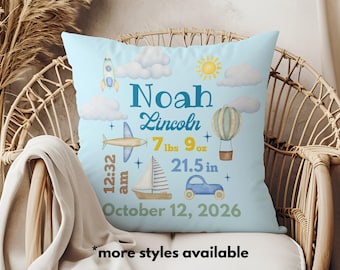 Personalized Transportation Baby Pillow Case, Blue Vehicles Nursery Decor Set, Newborn Boy's Birth Details, Custom Name Throw Pillowcase