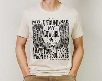 Western Couples Shirt, Christian Mr. and Mrs. Graphic Tee, Custom Cowboy Cowgirl Boots Brews Engagement Party, Bible Anniversary T-Shirt