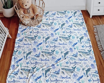 Blue Sea Creatures Blanket, Personalized Ocean Throw, Under the Sea Nursery Decor, Marine Animals Gift, Watercolor Whale Blanket, Nautical