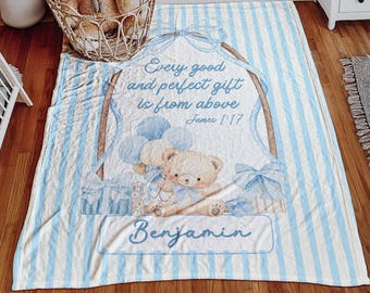 Good and Perfect Gift Teddy Bear Blanket, Personalized Boys Nursery Decor, Bible Verse Crib Throw, Blue Bearly Wait Baby Shower, James 1:17