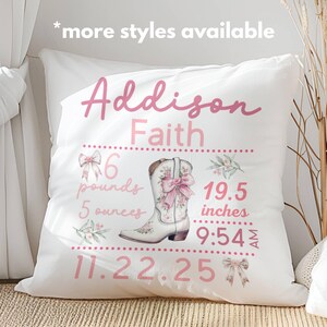 Chinoiserie Cowgirl Pillowcase, Pink Bows Birth Stats Nursery Decor, Personalized Western Coquette Matching Pillows with Name, Boots & Bows