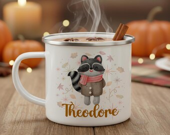 Kid's Personalized Fall Season Mug, Custom Family Thanksgiving Gift, Cute Woodland Animals Hot Chocolate Mug, Personal Girls and Boys Gift