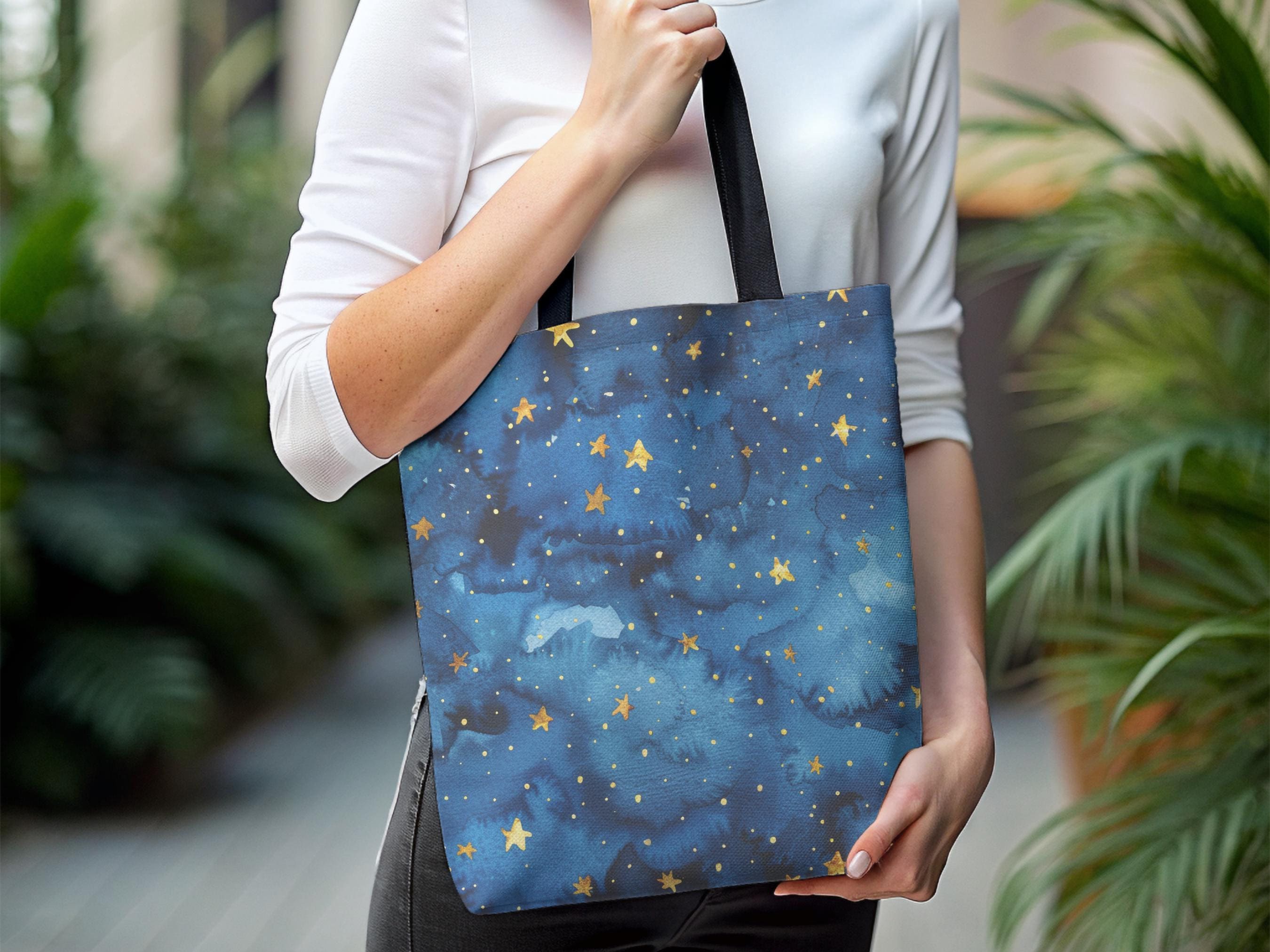 Golden Star Tote Bag, Dreamy Blue Sky Reusable Shoulder Bag, Celestial Lover Gift, Cloudy Night Shopping Tote, Gold Stars Library Book Bag