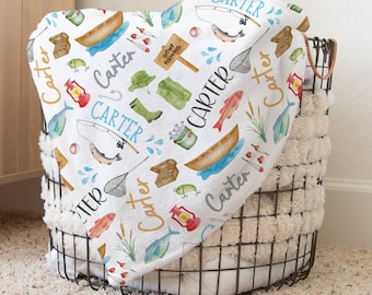 Boy's Fishing Blanket, Personalized Fish Nursery Decor, Baby Shower Gift, Lake Toddler Bedding, Fishing Baby Blanket, Cute Newborn Swaddle
