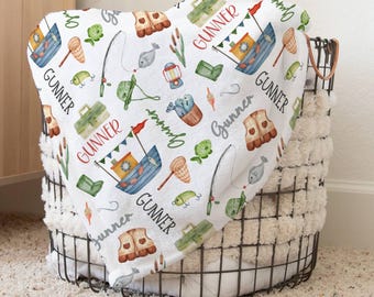 Personalized Fishing Baby Blanket with Name, Freshwater Fish Nursery Decor, Boys Baby Shower, Fisherman Swaddle, Cute Toddler Bedding