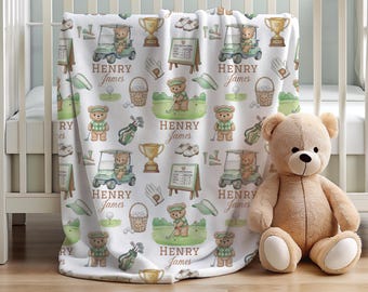 Personalized Teddy Bear Golf Blanket, Boy's Golfer Nursery Decor, Little Putter Golfing Baby Shower Gift, First Birthday, Toddler Bedding