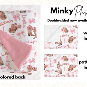 3 folded baby girl blankets show the options available for the backing of the minky blanket. Front will be printed with white on the back, pink on the back, or patterned on the back the same as the front.