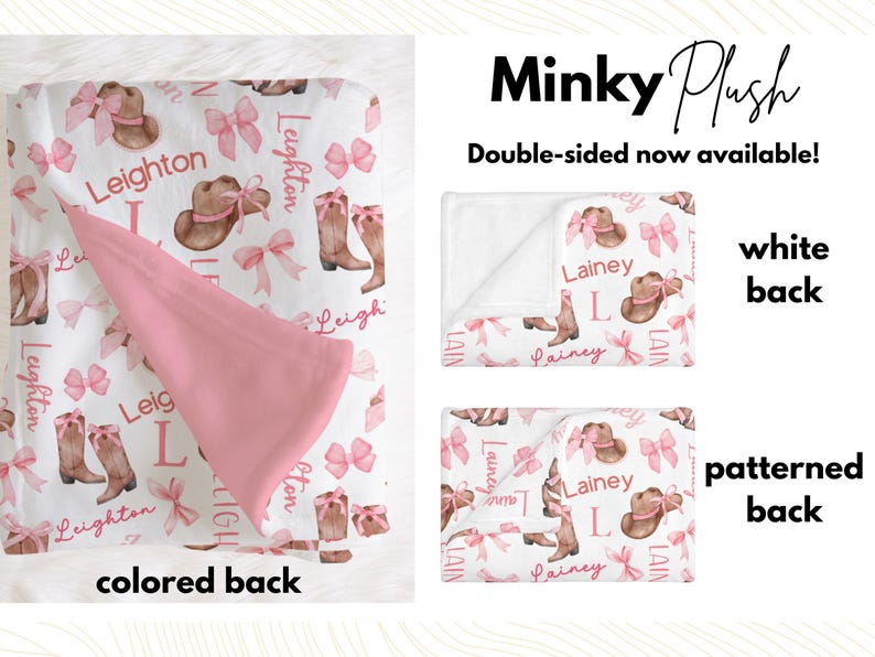 3 folded baby girl blankets show the options available for the backing of the minky blanket. Front will be printed with white on the back, pink on the back, or patterned on the back the same as the front.