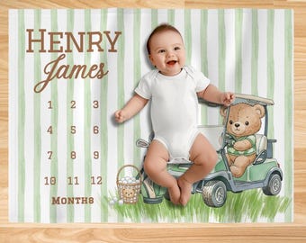 Personalized Teddy Bear Golf Milestone Blanket, Little Putter Baby Shower Gift, Golfing Newborn Monthly Photos Prop, Baby Golfer Custom Name