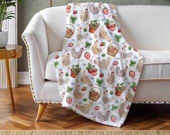 Country Chickens + Strawberries Blanket, Personalized Cottagecore Throw, Rustic Farmhouse Coop, Farm Baby Shower, Strawberry Garden Plants