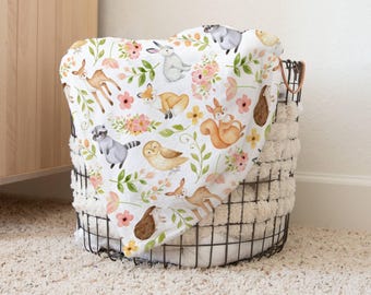 Woodland Animals Blanket, Personalized Baby Shower Gift, Baby Girl's Wildflower Blanket, Swaddle Receiving Blanket, Forest Deer + Fox Throw