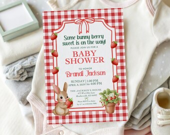 Strawberry Baby Shower Printed Invitations, Coquette Bunnies + Berries Sweet Invite Cards with Envelopes, Cute Red Bows Summer Berry Theme