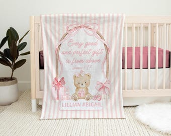 Personalized Teddy Bear Baby Blanket, Christian Faith, Coquette Pink Bows Throw, Bible Verse Bearly Wait Shower Gift, Girl's Newborn Layette