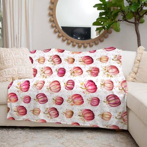 Pink Pumpkins Plush Blanket, Fall Pumpkin Throw, Thanksgiving Gift, Housewarming, Royal Gold & Pink Holiday Decor, Autumn Accent Blanket