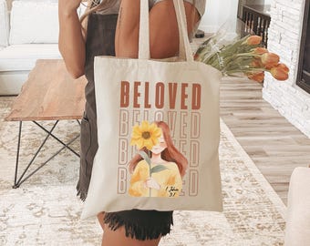 I Am Beloved 100% Cotton Canvas Tote Bag, Girl with Sunflower Reusable Shopping Bag, Christian Bible Verse Tote Gift for Her, Loved by God