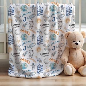 Personalized Space Blanket, Astronaut, Moon and Stars Kids Toddler Bedding, Space Nursery Decor, Astronomy Baby Shower Gift, Newborn Swaddle