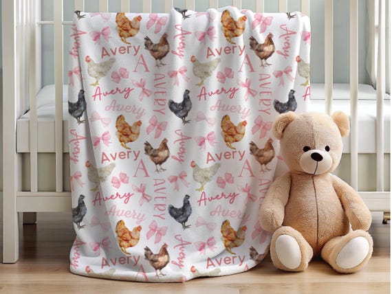 Pink Bows + Cute Chickens Blanket, Personalized Coquette Baby Shower Gift, Baby Girl Farm Bedding, Chicken Nursery Decor, Newborn Swaddle