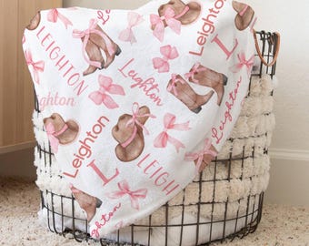 Pink Boots and Bows Western Baby Girl Blanket, Personalized Coquette Gift, Cowgirl Nursery Decor, Girl's Newborn Swaddle, 1st Birthday Gift